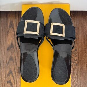 FENDI Authentic Black Wooden Slide Sandals w/ Logo Canvas & Gold Buckle, size 37
